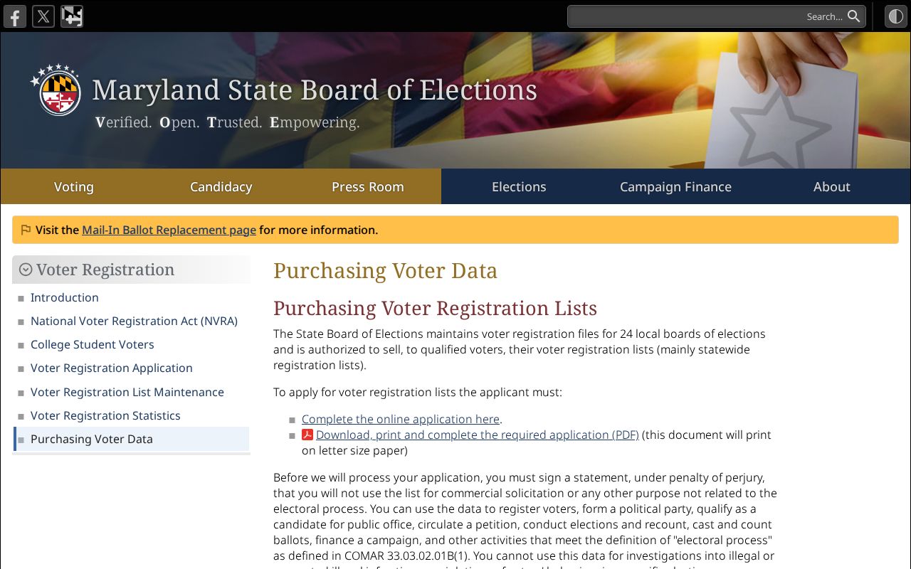 Hagerstown voter registration file eligibility and purchase rules on Maryland's website
