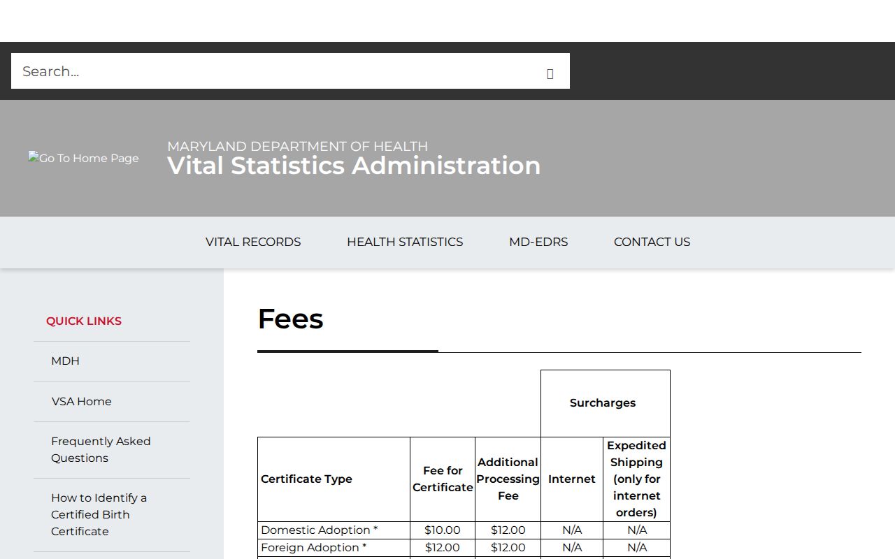 Hagerstown public records guidance on Maryland vital certificate fees